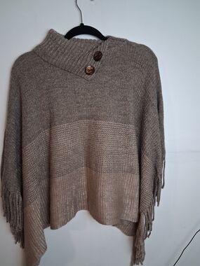 Source Unknown Taupe Fringe Button-Neck Poncho Sweater